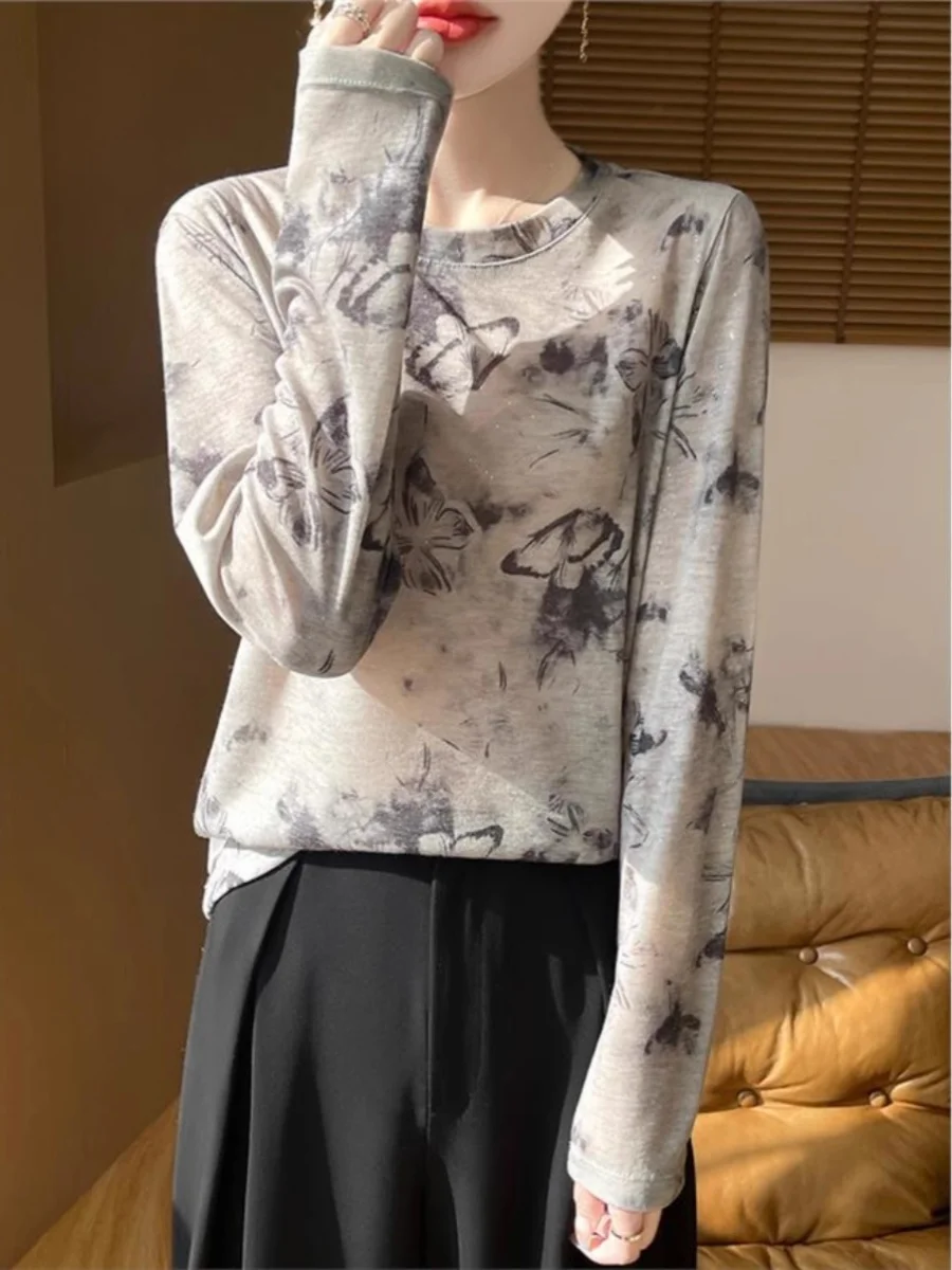 

Женская трикотажная футболка свободного кроя с длинным рукавом, базовый слой, повседневный топ из шелкового лиоцелла с принтом, весенняя коллекция