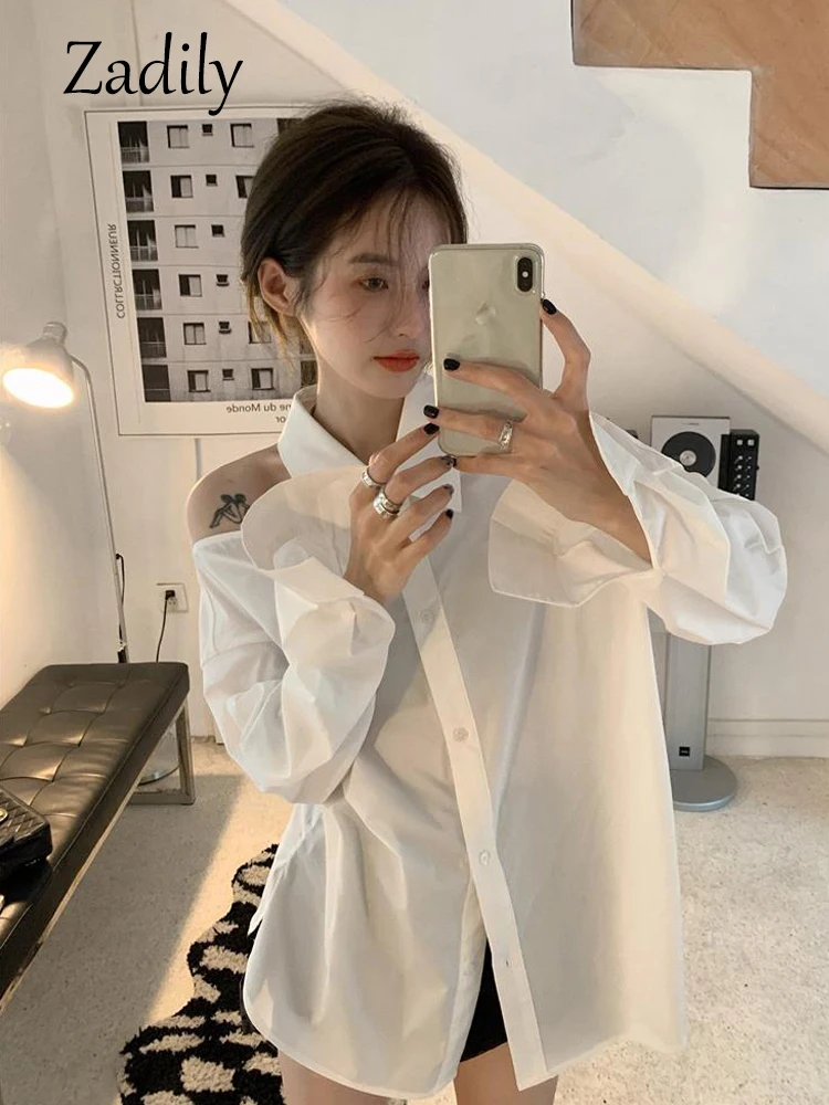 Zadily 2023 Summer Long Sleeve White Shirt Women Korean Style Off The Shoulder Button Ladies Tunic Blouse Female Clothing Tops