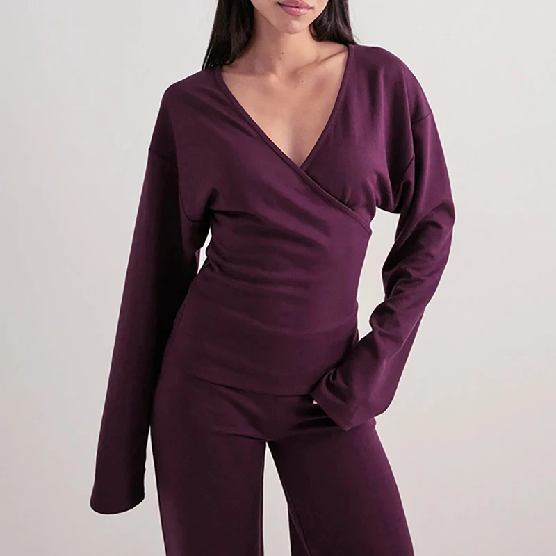 Elegant Casual Solid Color Outfit New Women 2 Piece Pants Set Sexy V Neck Wrap Long Sleeve Top High Waist Wide Leg Trousers Suit