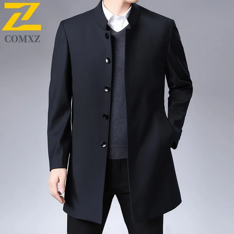 

COMXZ Spring Autumn Stand Collar Mens Mid-Length Windbreaker Jacket for Middle Aged Senior Plus Size Business Casual Outerwear