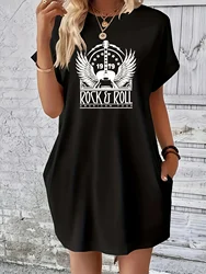 Women's Summer Loose ROCK ROLL Letter Print Round Neck Short Sleeve Comfortable Casual Plus Size Dress