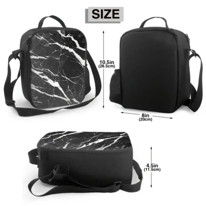 3D Natural Black Marble Texture Insulated Lunch Box Leakproof Portable Lunch Bag Durable Cooler Tote Bag for Beach Picnic Office