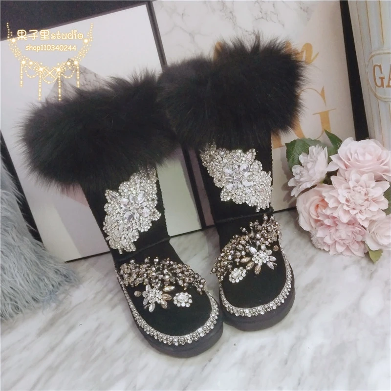 Luxury Fox Fur Black Genuine Leather Women Tall Snow Boots Thermal Thicken Plush Diamond Rhinestones Winter Shoes Handmade