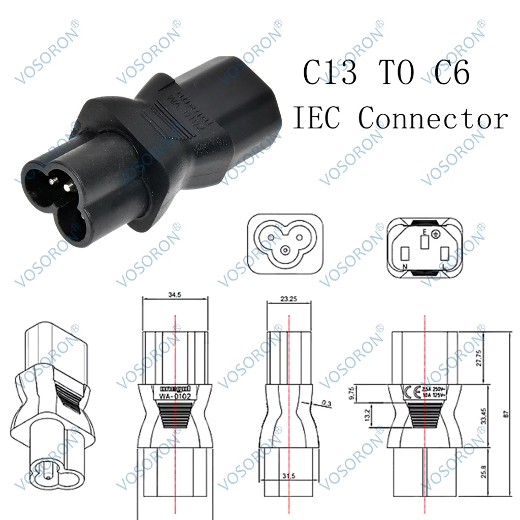 IEC 320 C13 Female To C6 Male 3-Pin Cloverleaf Plug Converter AC Power Adapter