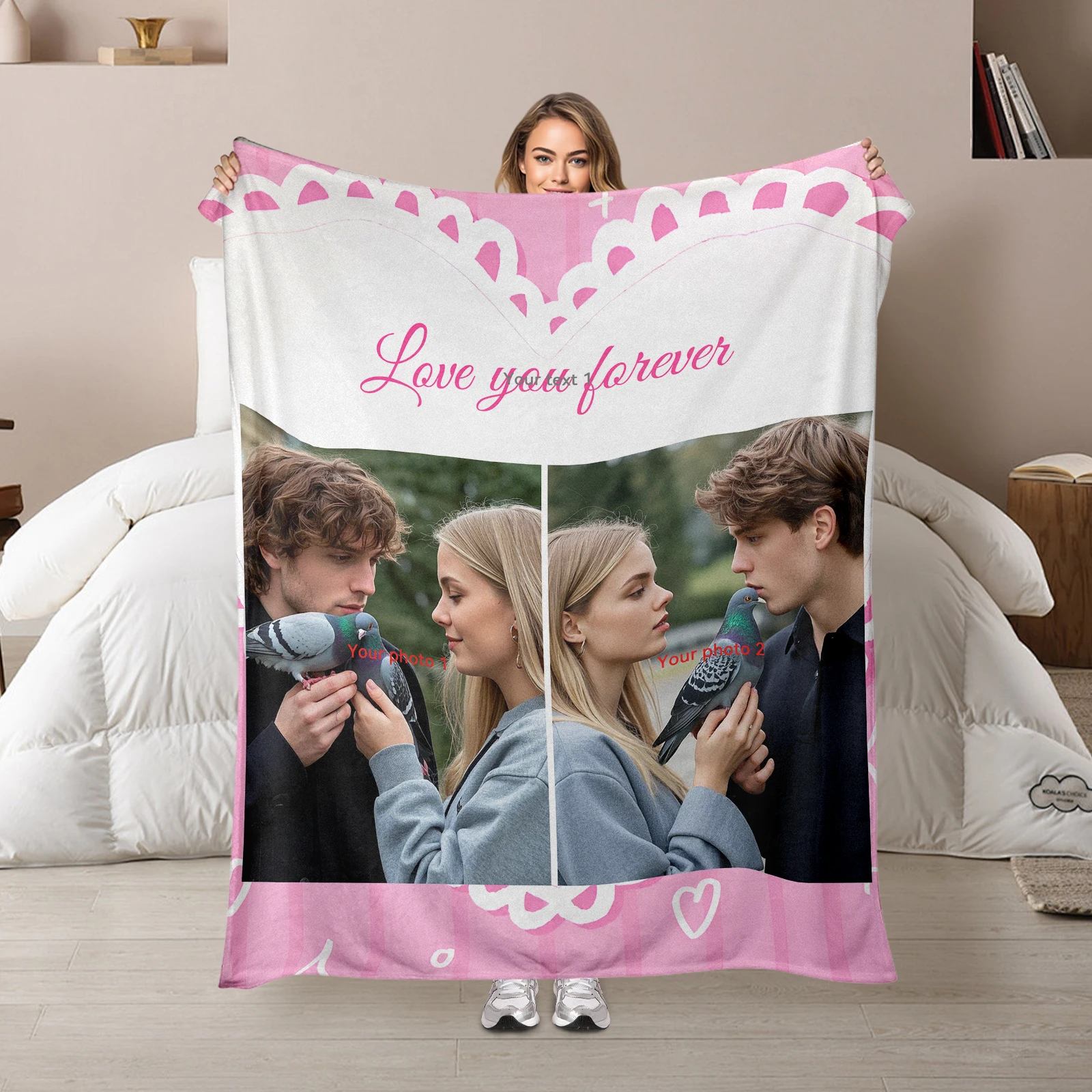 

Customized Valentine's Day Love Flannel Blanket. Personalized with 2 Pictures and 1 Text for Couples' Romantic Moment.