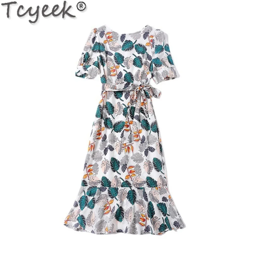 Vestido de seda mulberry para mulheres, moda com o pescoço, elegante e bonito, roupas com renda, 100% Tcyeek