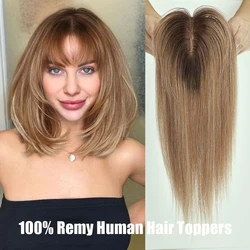 Brown Ombre Remy Human Hair Toppers with Bangs 14inches Hairpieces Clips in Hair Extensions Silk Base Toppers for White Women