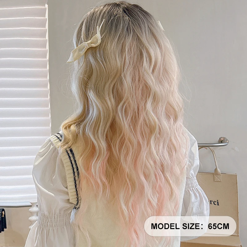 7JHH WIGS High Density Synthetic Ombre Blonde Wig for Women Costume Wig Fashion Long Body Wavy Pink and Blonde Wigs with Bangs