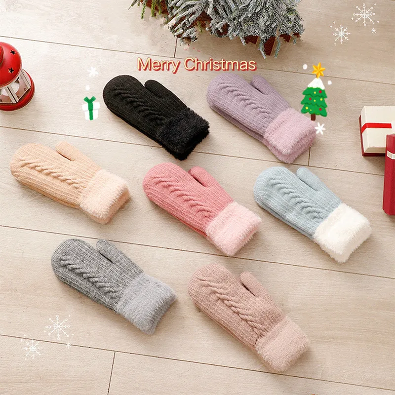 Winter Double Layer Thicken Keep Warm Camel Velvet Gloves For Women Sweety Twist Cable Knitted Plush Full Finger Gloves Mittens