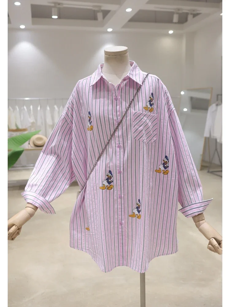 Fresh Sweet Stripes Cartoon Duck Printed Shirt Tops 2024 Summer Loose Mid-Length Cotton Long Sleeve Casual Shirt for Women