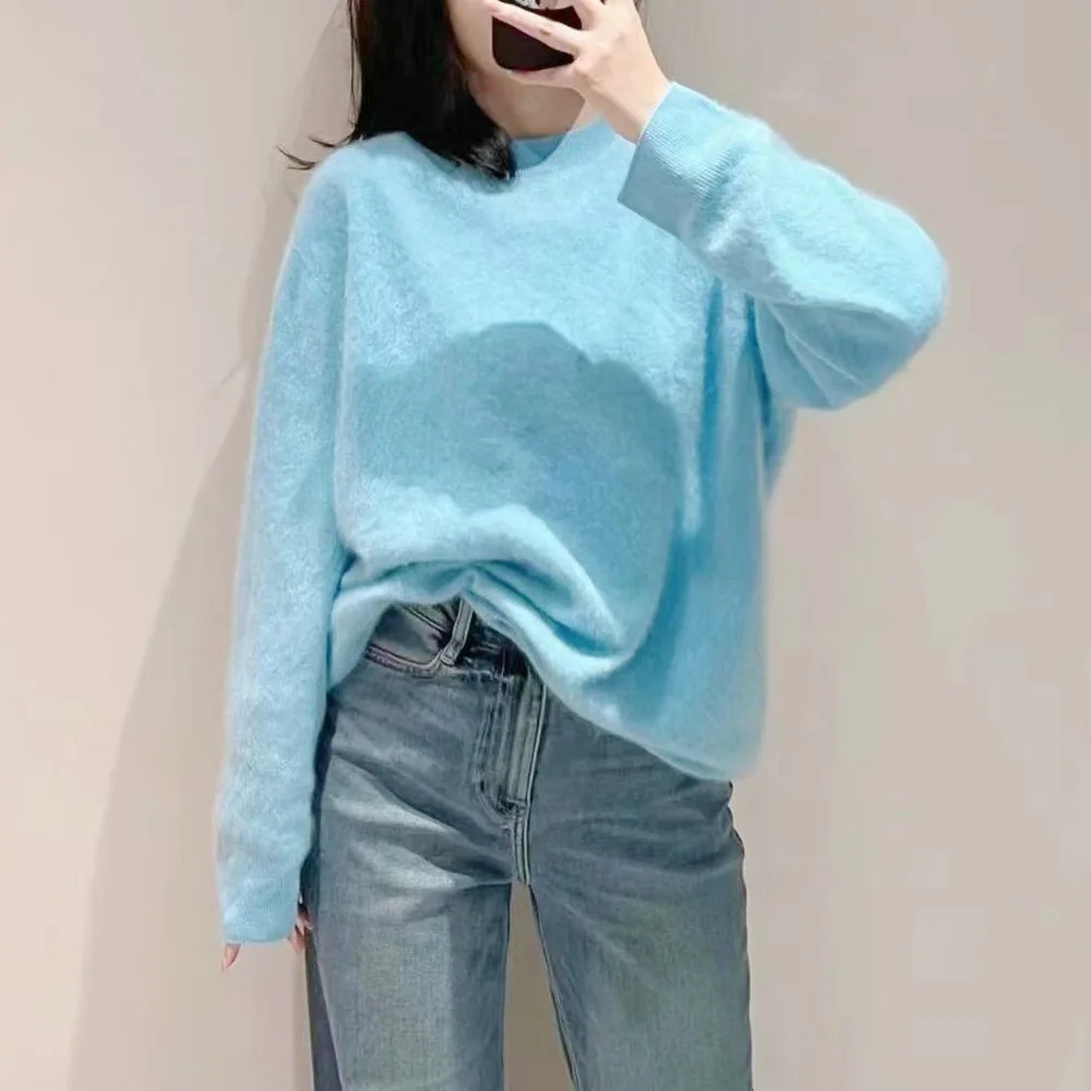 

Осень 2024, женский ленивый синий длинный све, круглый трикотаж Ne, повседневный топ, удобный шерстяной пуловер, моющийся