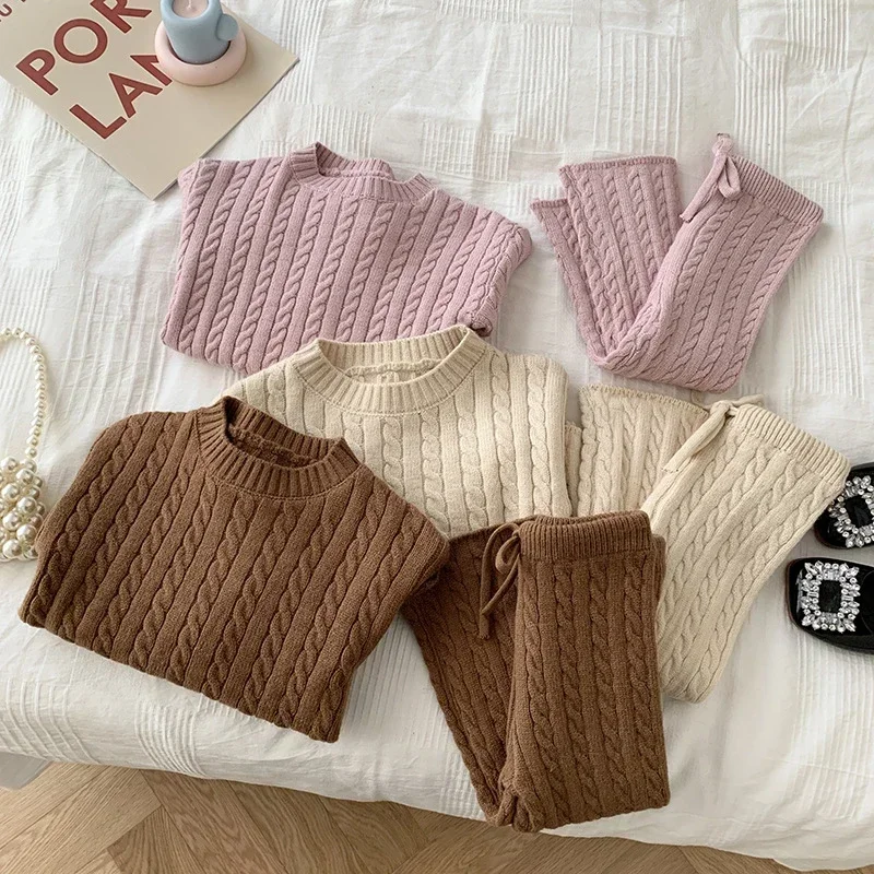 

Autumn Spring Korean Style Kids Knitted Clothing Set Long Sleeved Solid Color Knitted Pullover+Pants Baby Girl Clothes Suit