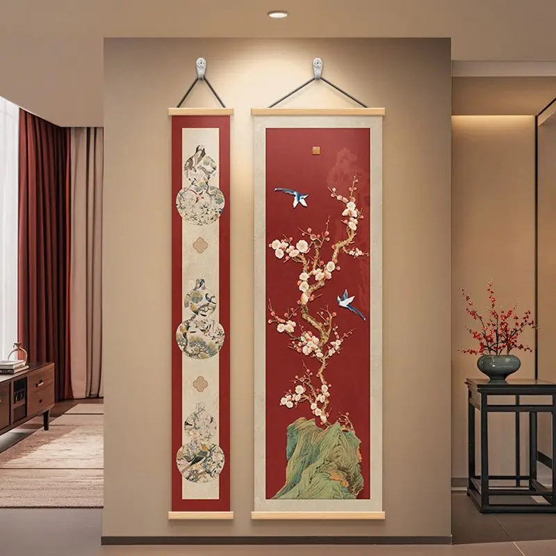 Chinese Red Floral Bird Wall Art Scroll Aesthetic Room Decor for Entryway Hallway Living Room French Vintage Chinoiserie Style