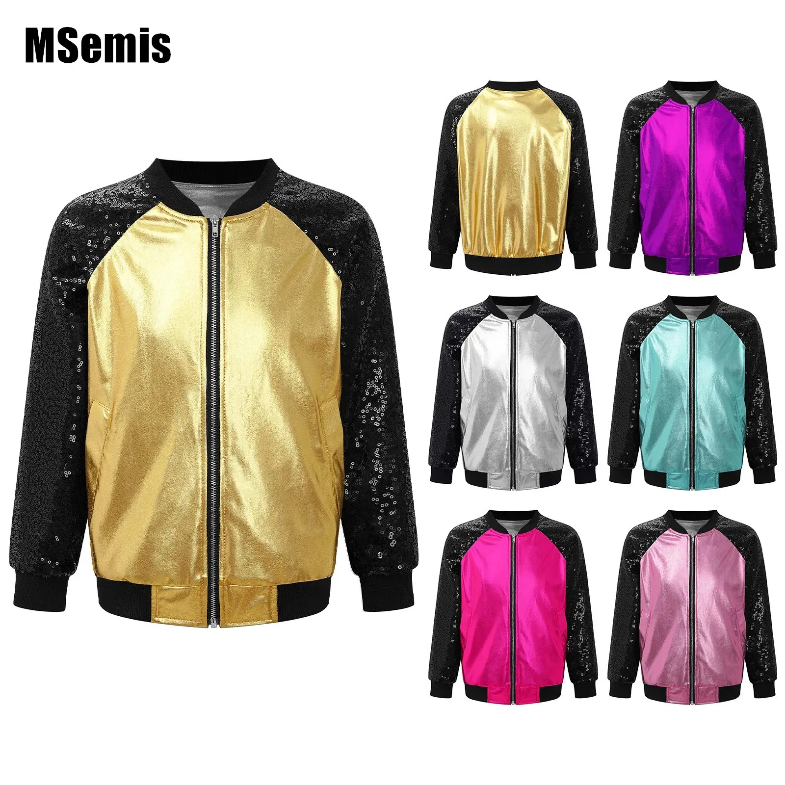 

Kids Girls Shiny Sequins Jacket Coat Fashion Hip-hop Jazz Dance Clothes Long Sleeve Zipper Bronzing Cloth Jacket Outerwear