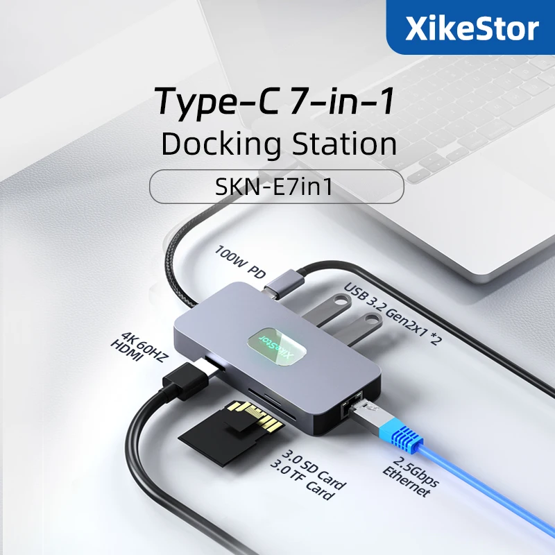 

Док-станция XikeStor 7-в-1 Type-C с 4K60 Гц HDMI/2,5G RJ45/1000 Вт PD/2 * USB 3,2 Портами данных/TF и SD-портами для нескольких устройств