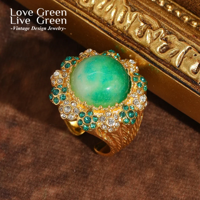 

Vintage Flower Rhinestone Green Ring Jade Gold Color Quality Luxury Designer Gifts Jewelry Trends 2025 Woman Wedding Christmas