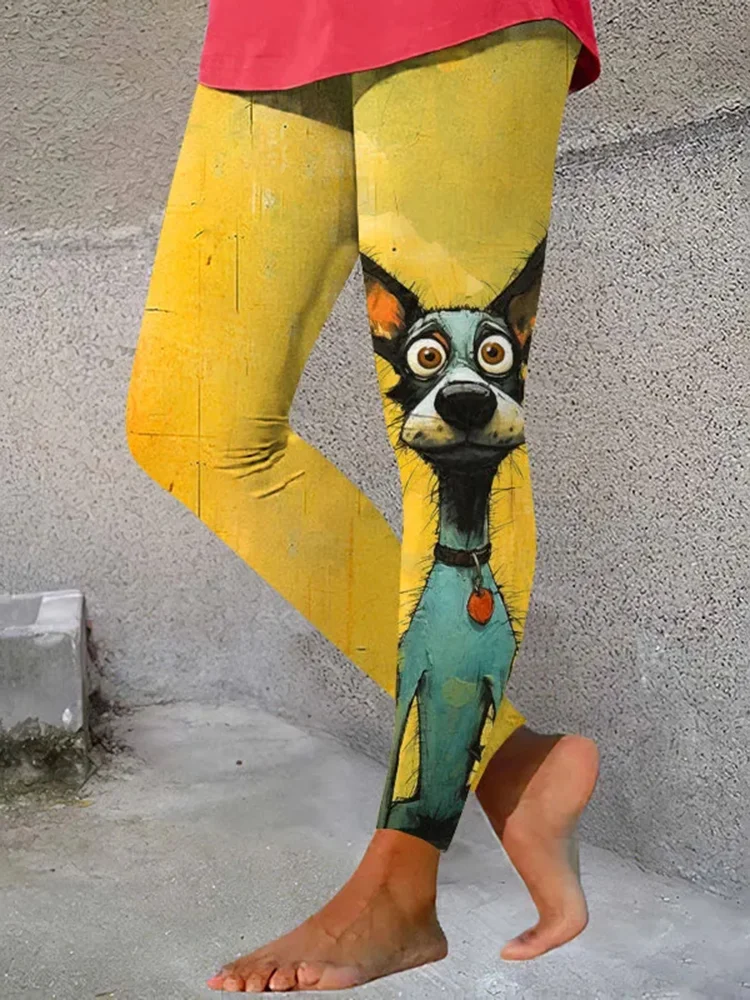 لطيف الكرتون الكلب المطبوعة خمر المرأة عارضة طماق ضيقة الربيع والخريف عالية الخصر قيعان للسيدات السراويل الطويلة