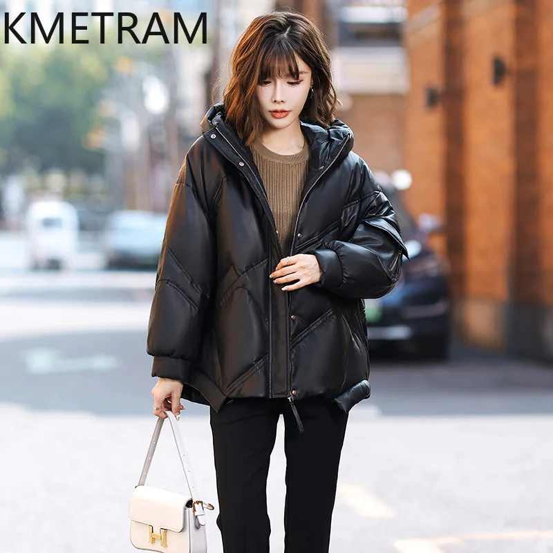 100% abrigos de piel de oveja para mujer, chaqueta acolchada holgada de cuero genuino negro, novedad de 2025, ropa de abrigo, ropa de invierno para mujer