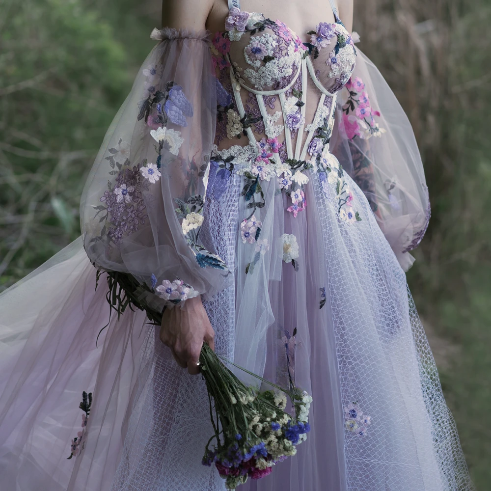 Fairy Lavender Sweetheart Tulle Prom Dresses Puff Sleeves Floral Appliques A-Line Formal Party Dresses Long Prom Gowns