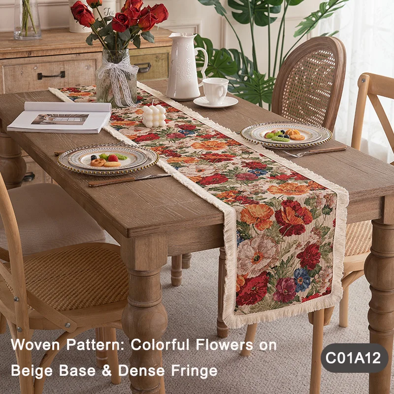 

Vintage American Fringe Table Runner - All-Polyester Woven Jacquard Cover for Console, TV Stand, Bed Foot