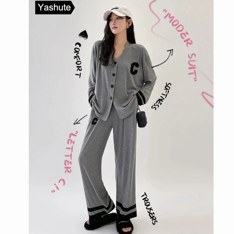 2025 King Size Slouchy Style Sleepwear Set Long Sleeve Pajama Women New Fashion Homewear Thin Simple V-neck Loose Loungewear Set