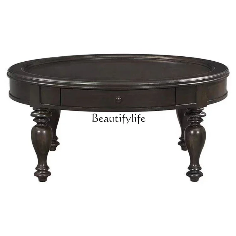

04ld14 American Retro Solid Wood Round Coffee Table European Antique Style Coffee Table French Style