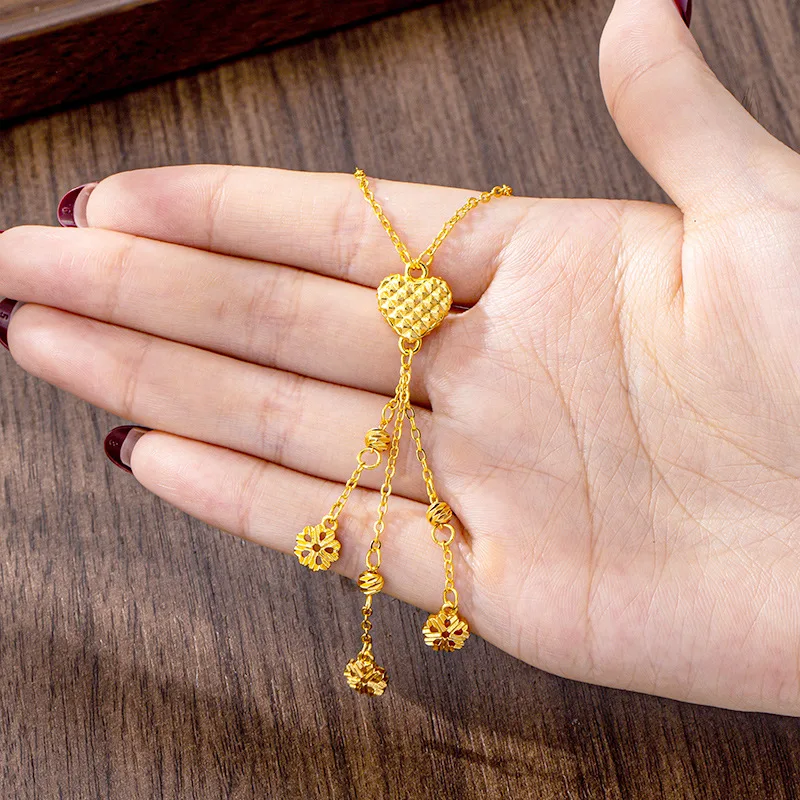 Luxury 24K 9999 Pure Gold real gold Women's check love clavicle chain flower tassel necklace