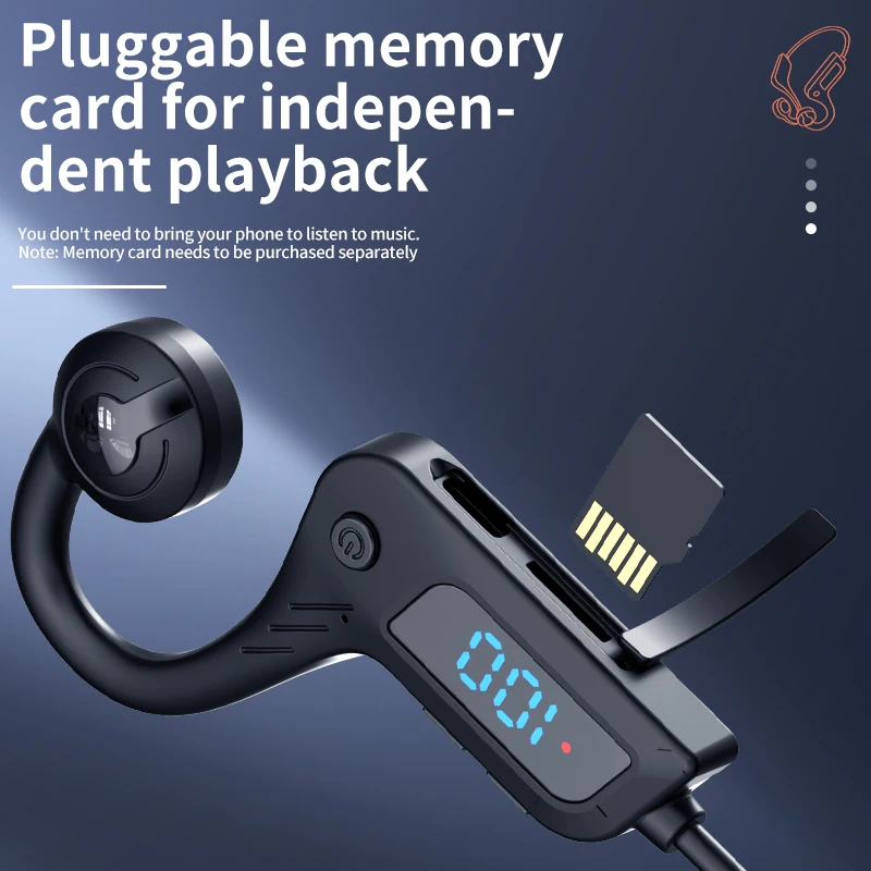 Słuchawki Bluetooth z przewodnictwem kostnym, z cyfrowym wyświetlaczem, Bluetooth 5.3, wodoodporne, sportowe słuchawki douszne z gniazdem na kartę. — zdjęcie produktu 4