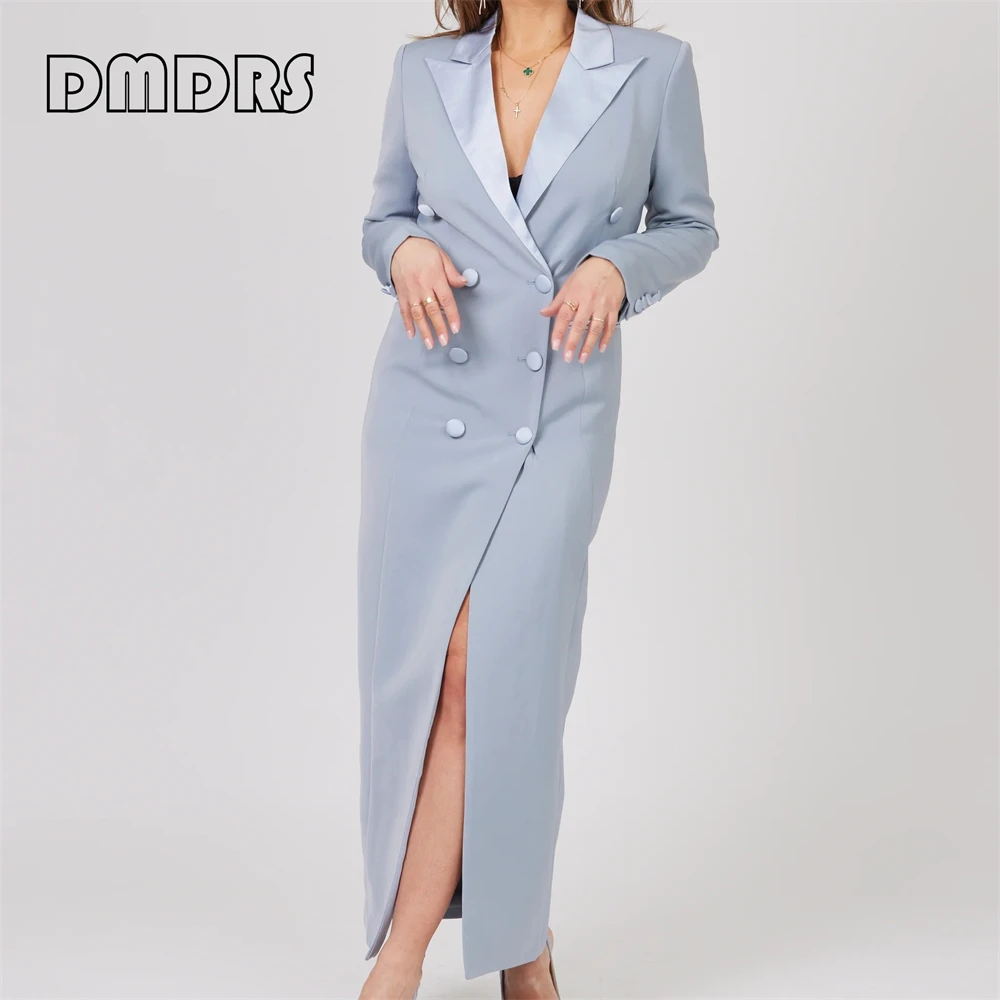 Double Breasted Women Long Tuxedo Dress Silky Satin Notched Collar Blazer Long Sleeves Formal Party Dresses