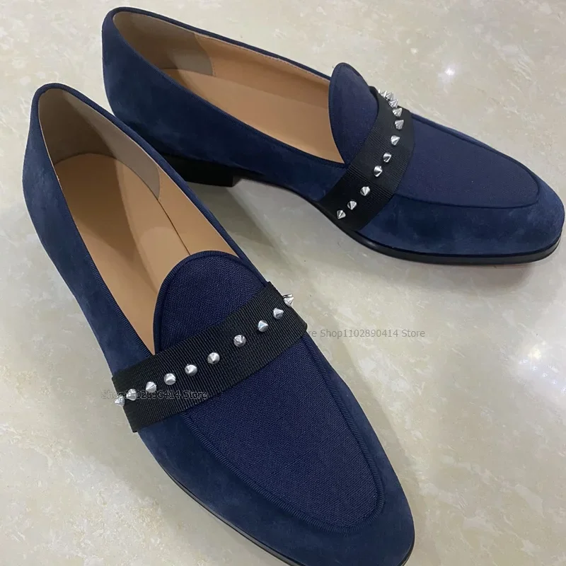 

Silver Rivet Decor Men Flock Loafers Formal High Quality Slip On Flat Men Shoes Novel Fashionable Concise Deluxe Office Shoes