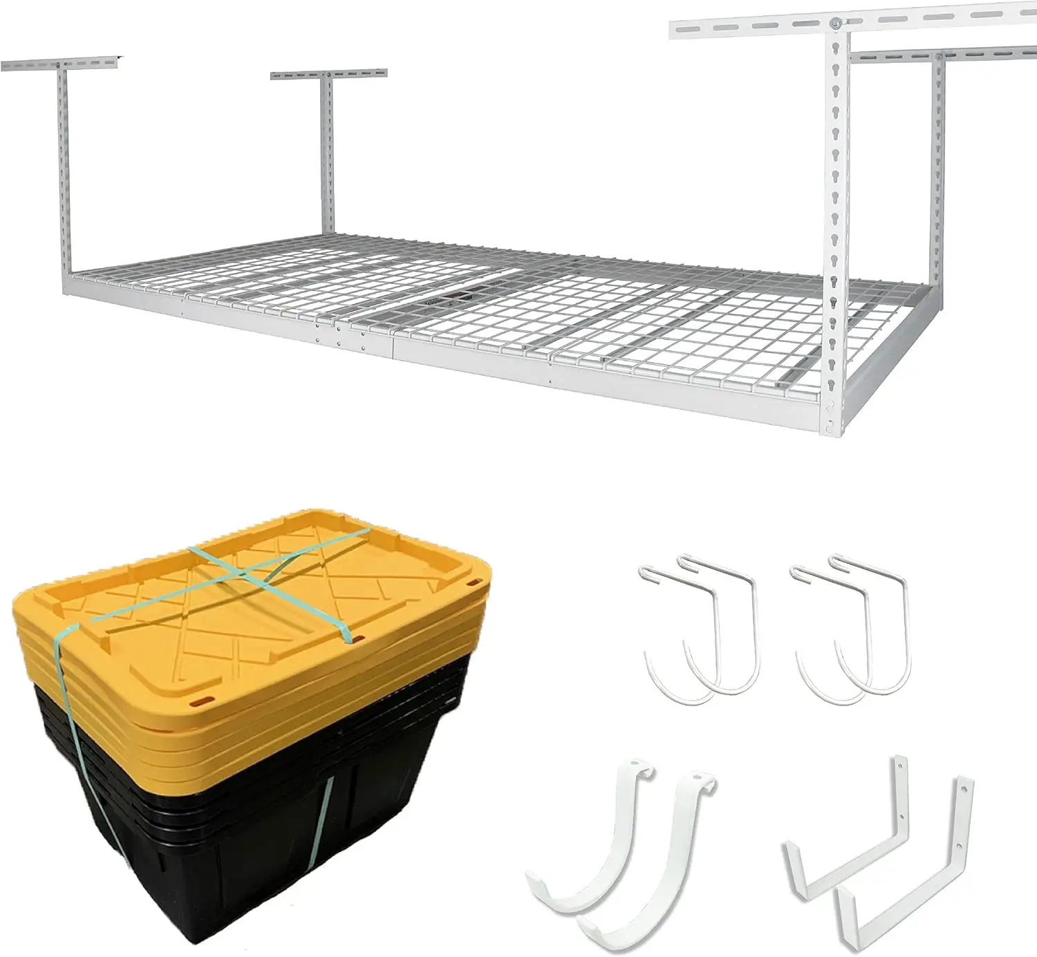 MonsterRAX 4x8 Rack and Bins Bundle | 4’ x 8’ Overhead Rack w/Storage Bins and Accessory Package (White, 12