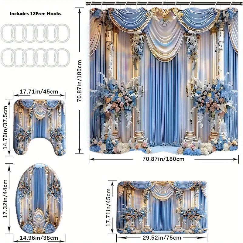 

4PCs home decor waterproof shower curtain sets with 12 hooks toilet seat cover bathroom mat non-slip rug carpet polyester fa