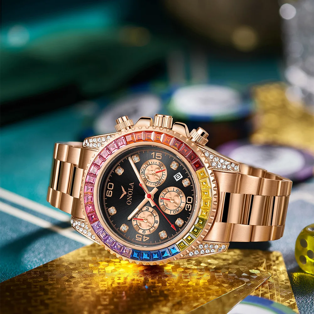 Fashion Casual Business Men's Watch Rainbow Di Waterproof Solid Core Stainless Steel Strap Quartz Watch Men's Luxury Watch