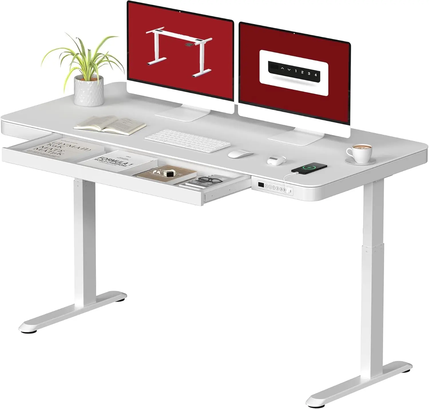 Standing desk with drawers, electric height adjustable home desk with storage and USB ports, 55 "white wood top