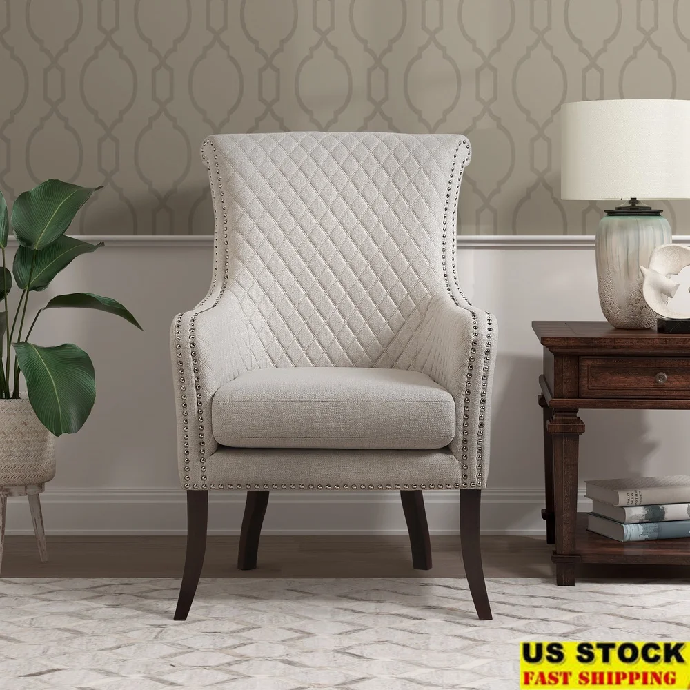 Classic Beige Fabric Upholstered Accent Chair with Rolled Quilted Back Nailhead Trim Flared Coffee Finished Legs Home Decor
