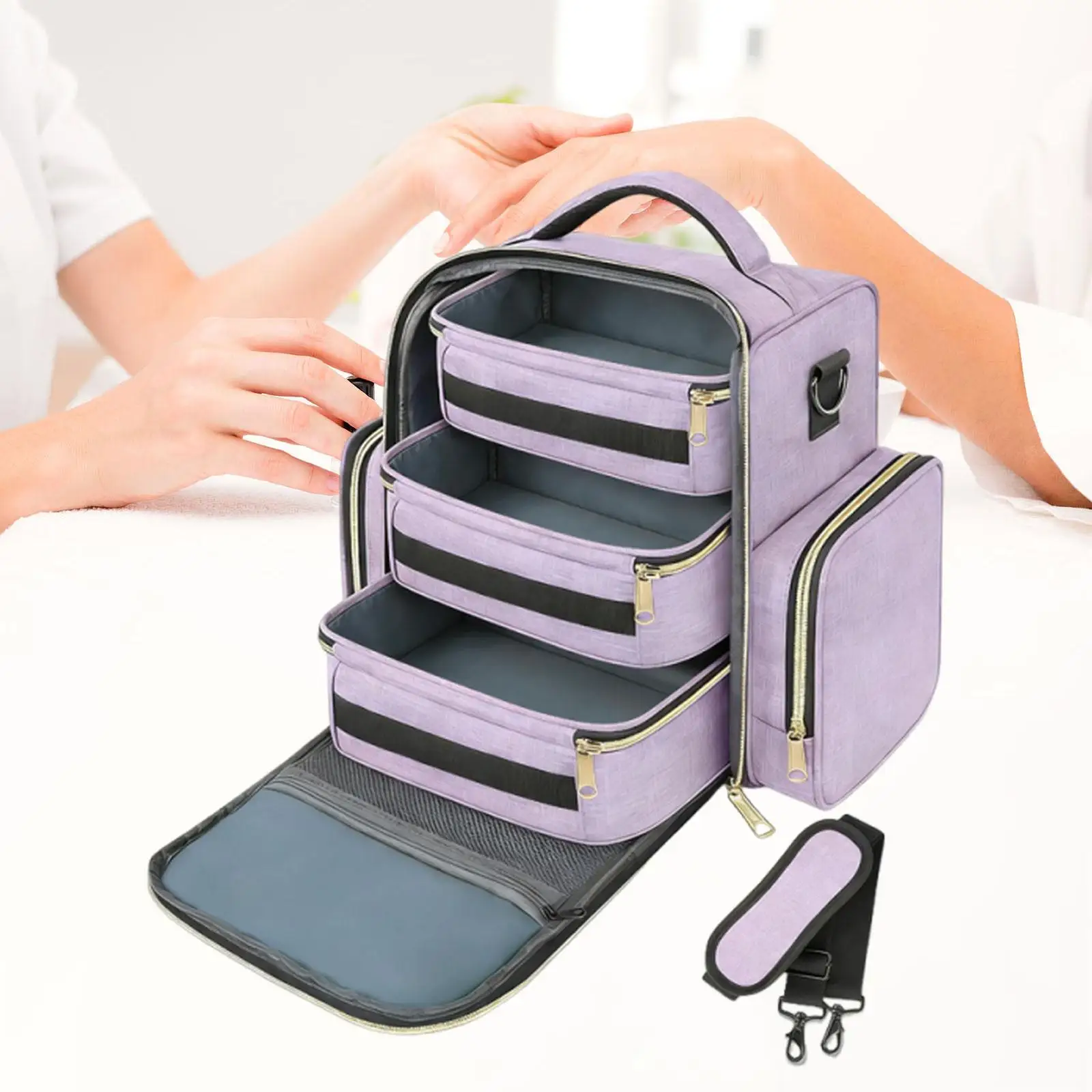 Large Nail Polish Organizer Bag with 3 Removable Pouches Holds 72 Bottles Portable Oxford Cloth Case for Salon and Travel