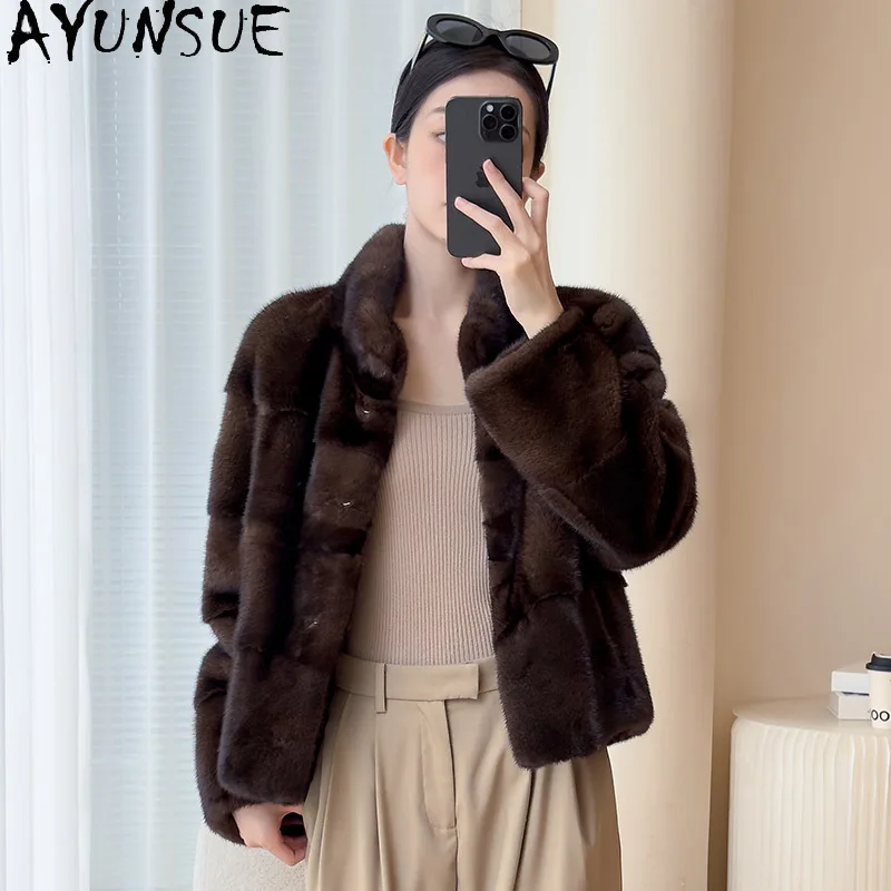 AYUNSUE Natural Mink Fur Jacket Woman Stand Collar 2025 Real Fur Jackets for Woman Clothing High Quality Whole Mink Шуба Женская