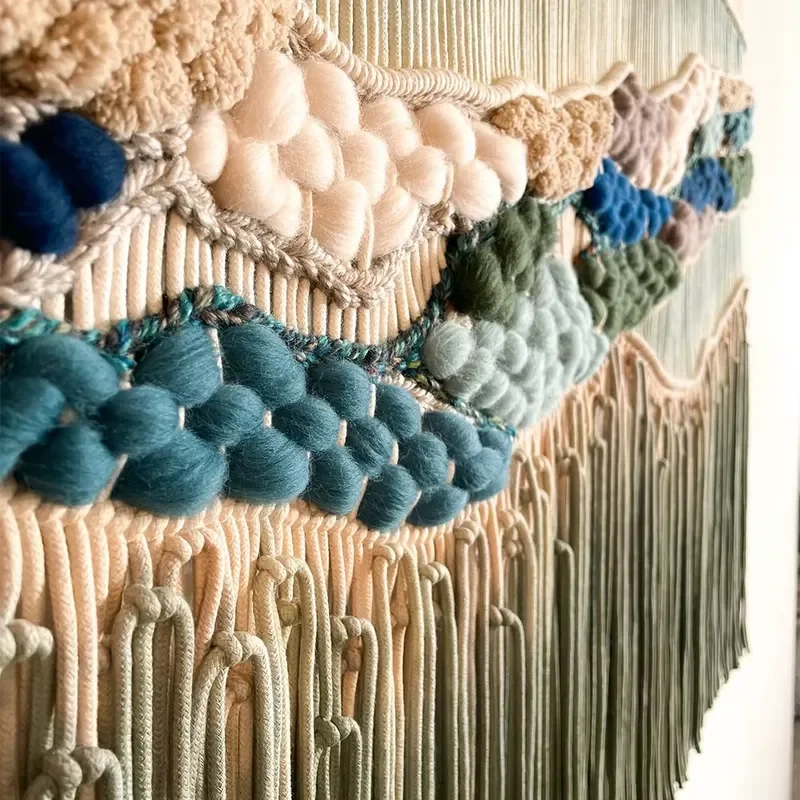 Textured Layered Woven Wall Art Gradient Blue Landscape Macrame Tapestry for Classic Bedrooms