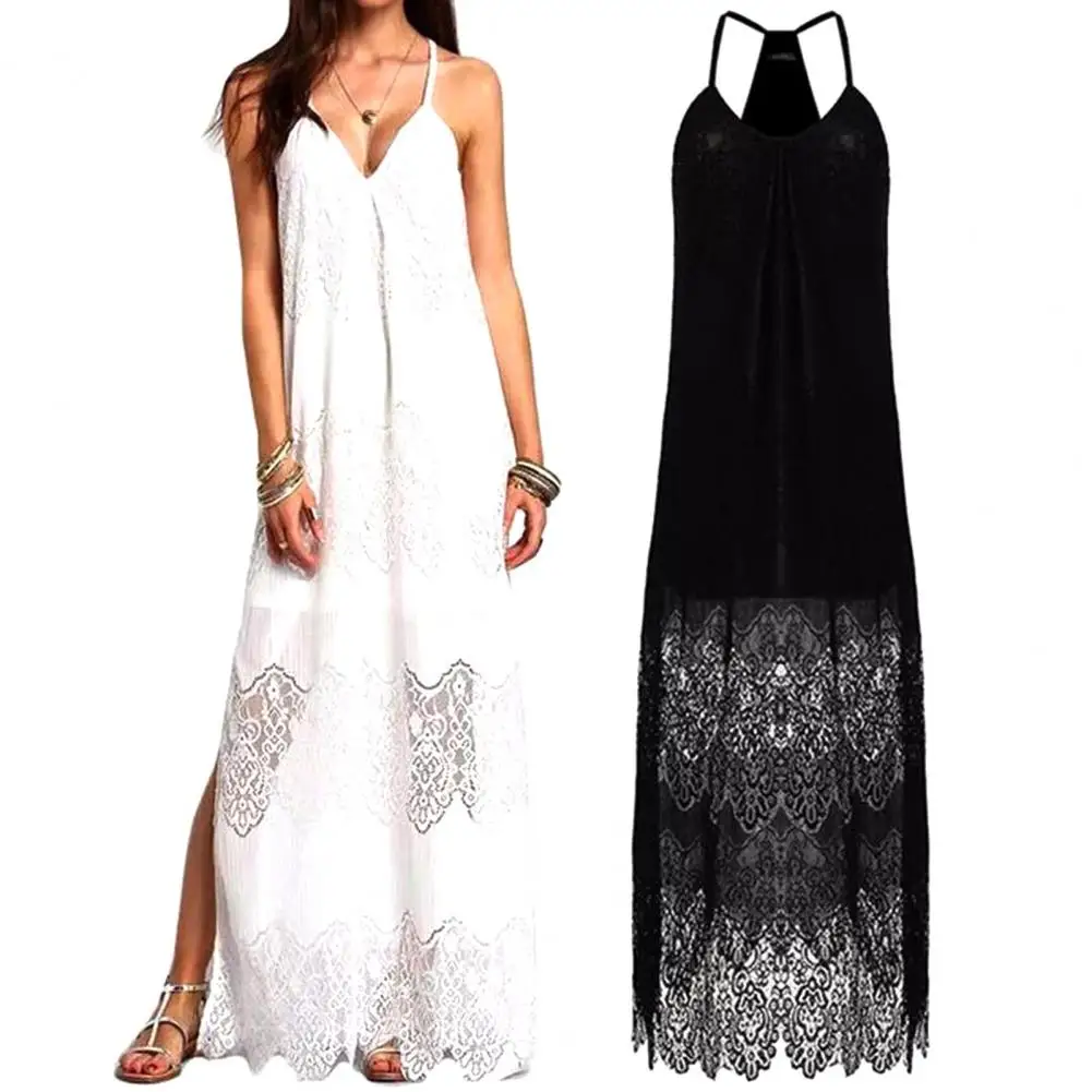 Women Dress Lace Stitching Suspenders V-neck Sundress Summer Lace Paneled Resort Style Dress Women Clothing