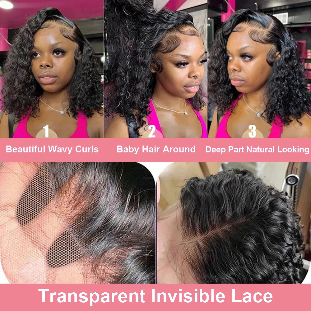 Perucas de Cabelo Humano Cacheado Ondulado de 16 Polegadas, Perucas Frontais de Renda Transparente 13x4, Perucas Bob Curtas de Cabelo Humano Brasileiro com Ondas Profundas, Perucas de Cabelo Humano com Fechamento de Renda 4x4 para Mulheres