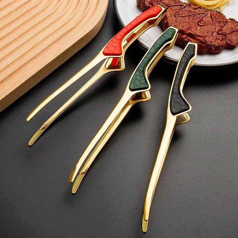 Korean Gold BBQ Tongs Stainless Steel Food Clamp Grill Kitchen Cooking for Steak Meat Long Stone Texture Barbecue Heavy Duty