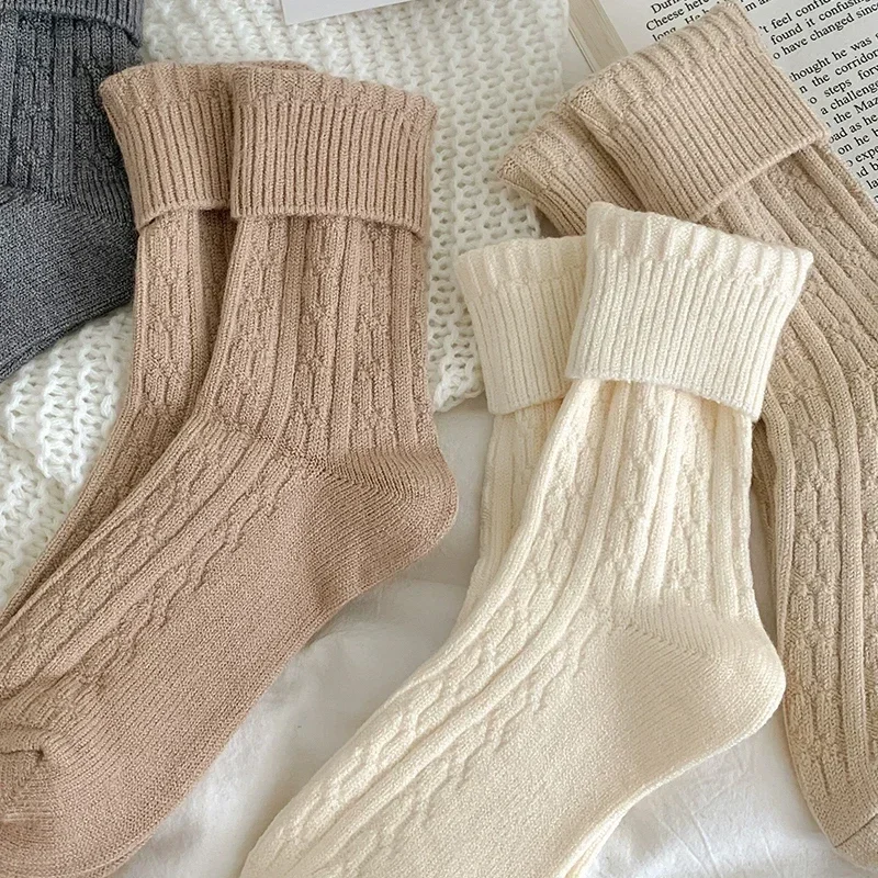 1/2pairs Winter Socks Women Cashmere Wool Thicken Warm Women Socks Sox Japanese Fashion Harajuku Solid Color Thermal Long Socks