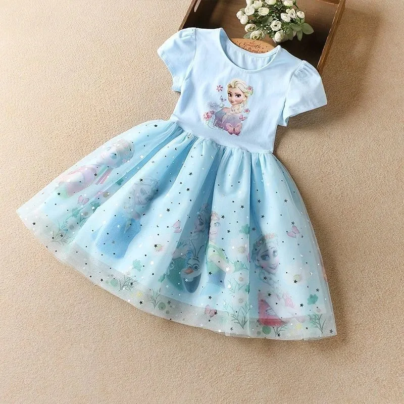 

Girls Dress Cartoon 2024 Summer Frozen Fashion Children's Elsa Princess Baby Girl Toddler Short Sleeve Cute Party Dresses 3-9Y