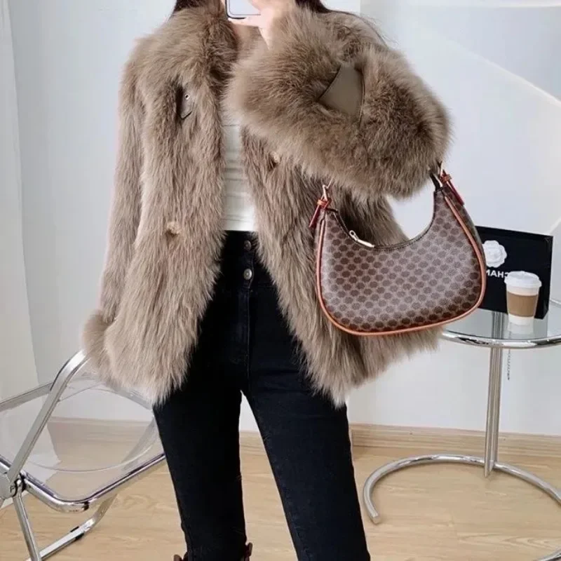 Cool Girl Punk Style Leather 2024 Autumn Winter Motorcycle Suit Imitation Mink Plush Jacket with Leather Buckle and Fur Coat