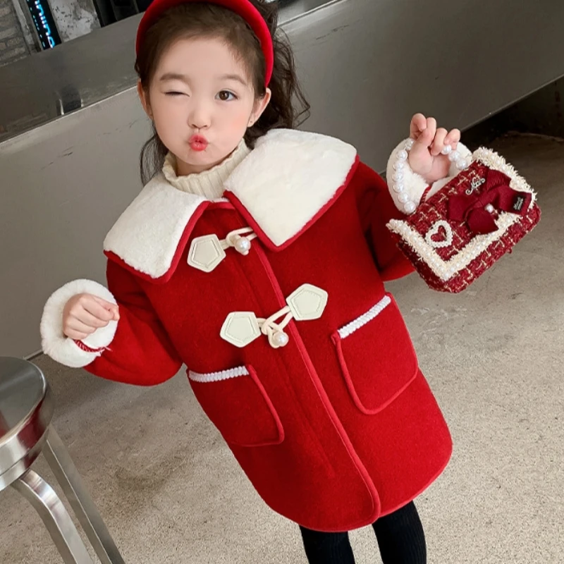 Girls Woolen Coat Overcoat Jacket Windbreak 2023 Fleece Warm Plus Thicken Winter Cotton Teenagers Outwear Children's Clothing