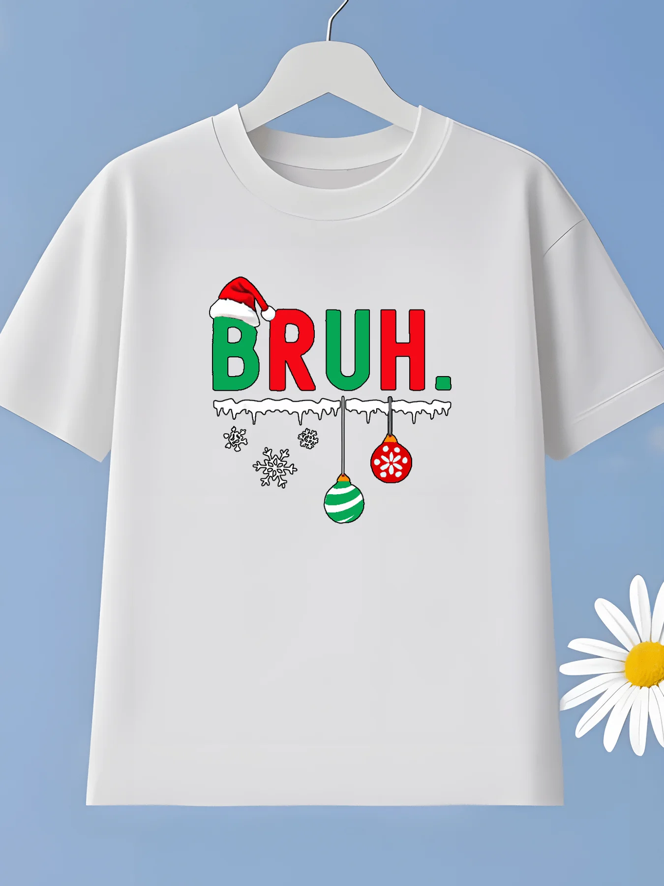 Boys Christmas‑Theme Santa‑Hat‑Snowflake‑Print Machine‑Washable Crew‑Neck Short‑Sleeve T‑Shirt For Summer Outdoor