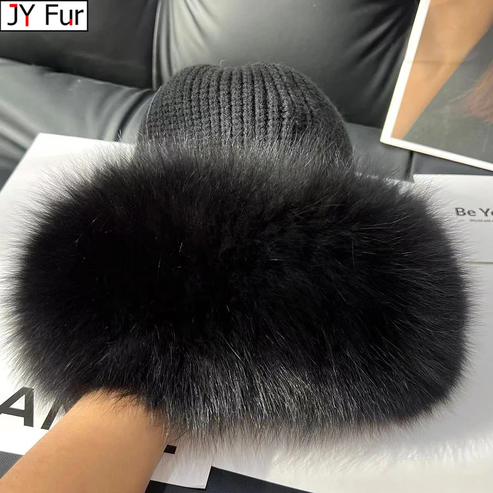 Winter Hats Women Natural Fox Fur Fuffy Warm Fashion Stylish Fedoras Knitted fur hat