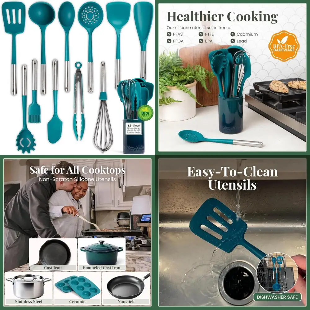 

12-Piece Silicone Kitchen Utensil Set with Stainless Steel Handles and Ceramic Holder, Dishwasher Safe
