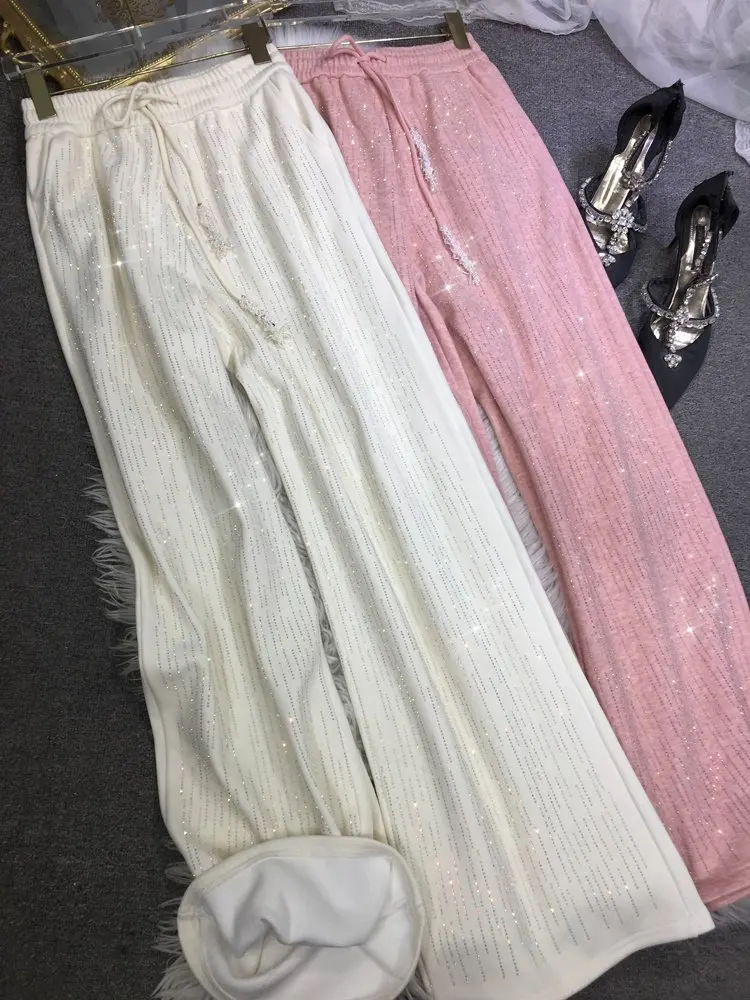 Dikker fleece rechte broek dames nieuwe herfst winter trekkoord elastische taille blingbling hot diamanten wijde pijpen casual broek