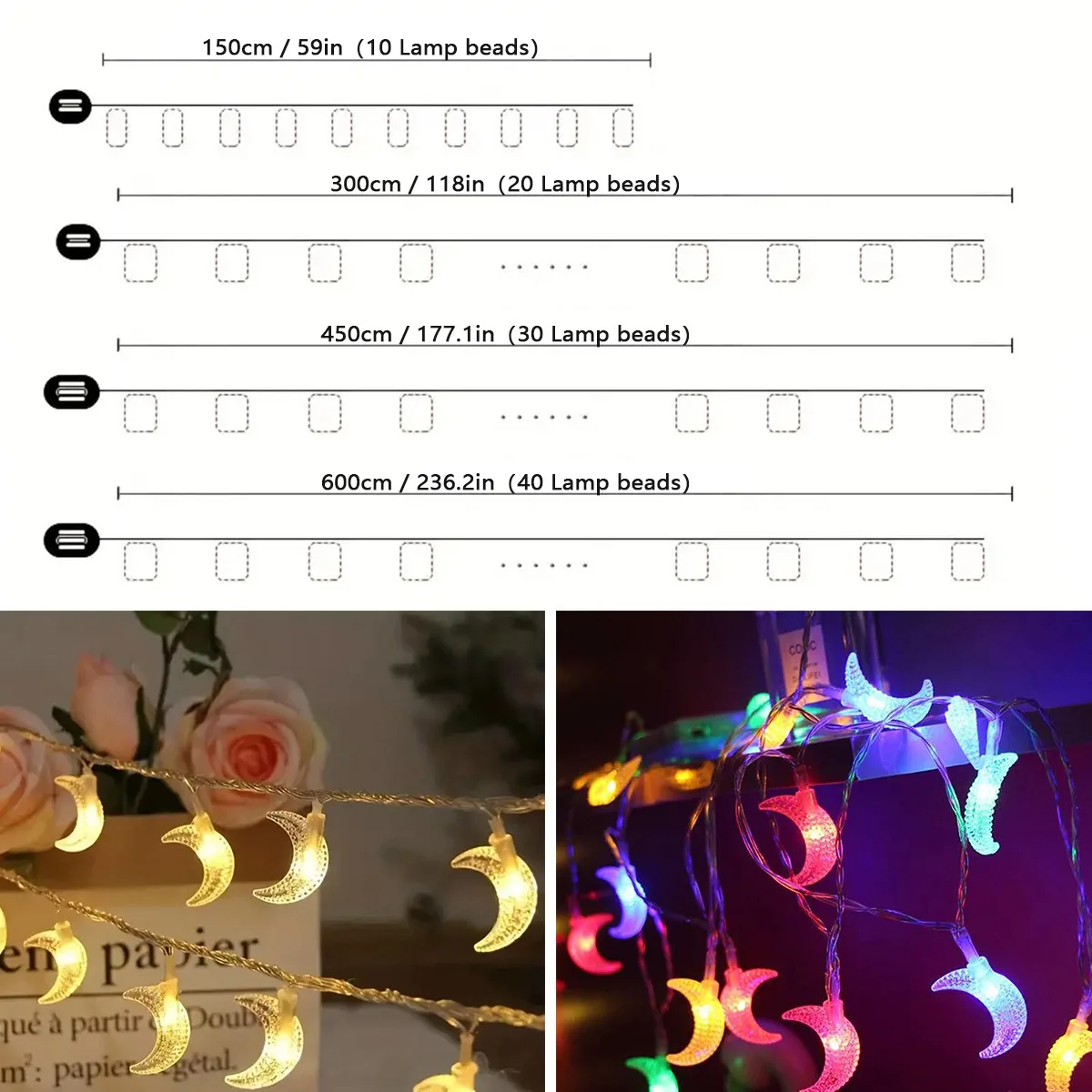 1pack Ramadan Decor Moon String Lights Battery Operated  LED Ramadan Mubarak Lights For Crescent Party Home Garden Living Rooms
